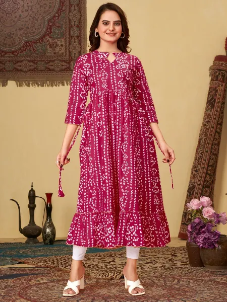 Pink Color Pure Cotton Women Kurti With Bandhani Print  With Bottom