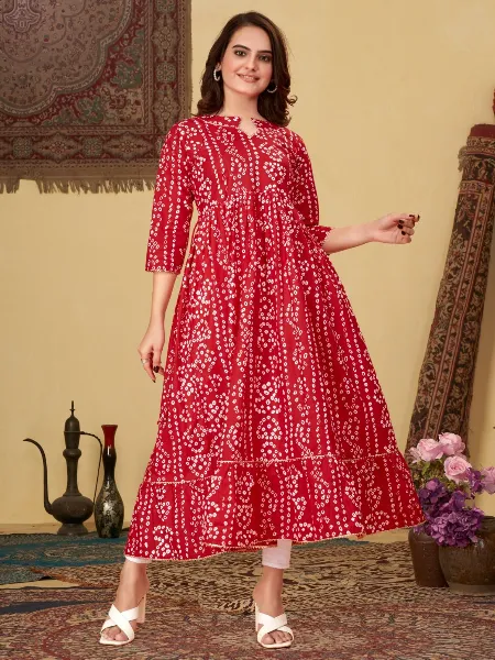Red Color Pure Cotton Women Kurti With Bandhani Print  With Bottom
