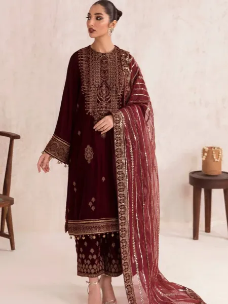 Wine Velvet Indian Pakistani Dress With Sequins Embroidery for Festival