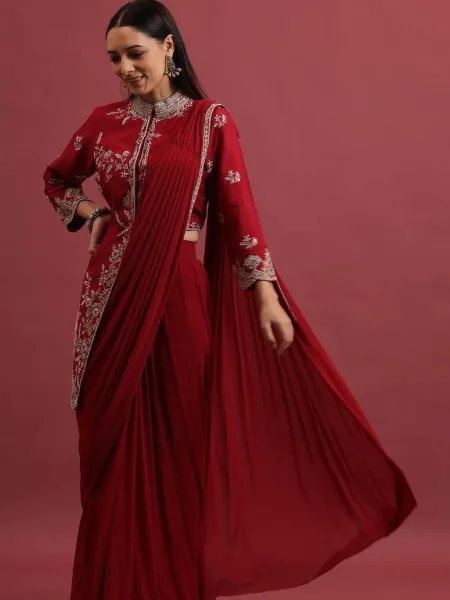 Red Color Ready to Wear Saree With Readymade Jacket Blouse Fancy Sari