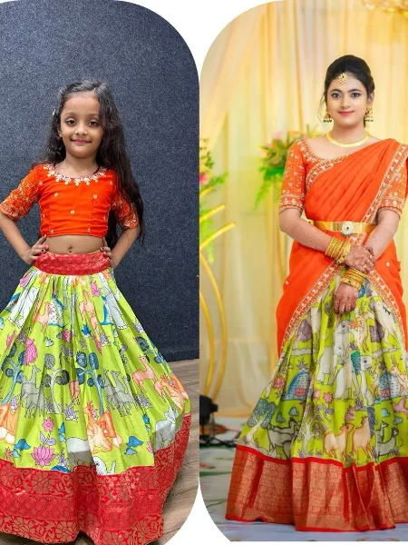 Red Mother Daughter Combo Lehenga Choli With Digital Print Ready to Wear