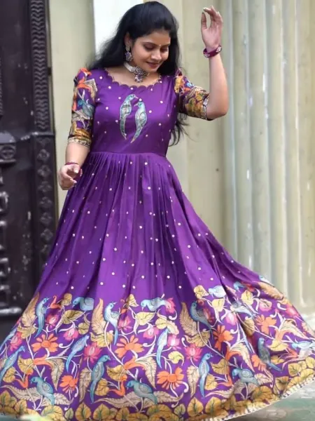 Purple South Indian Gown With Digital Print in Chent Crepe Ready to Wear