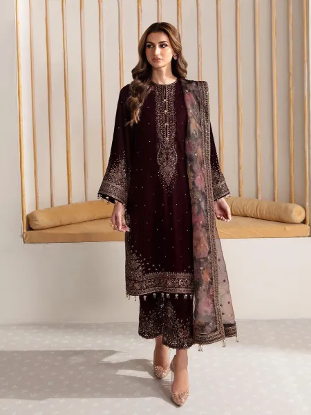 Pakistani Dress in Wine Georgette With Beautiful Sequins Work Arabic Dress