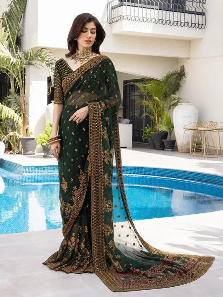 Green Color Wedding Saree in Georgette With Thread and Sequins Work