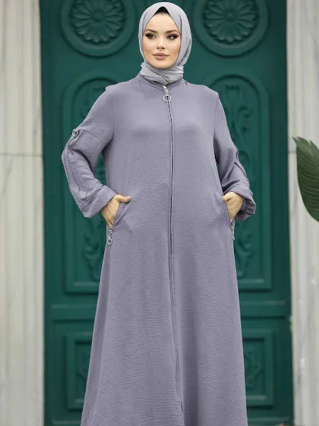 Grey Prada Fabric Front Zip Open Burqa Islamic Dress With Matching Dupatta