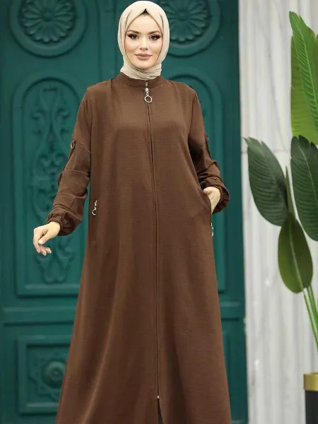 Brown Prada Fabric Front Zip Open Burqa Islamic Dress With Matching Dupatta
