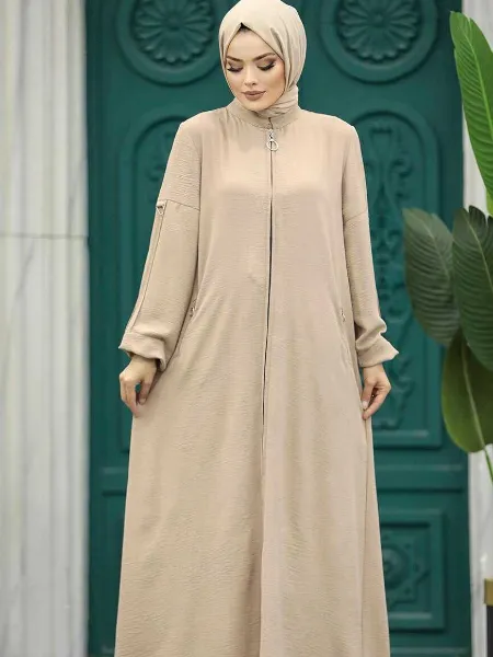 Cream Prada Fabric Front Zip Open Burqa Islamic Dress With Matching Dupatta