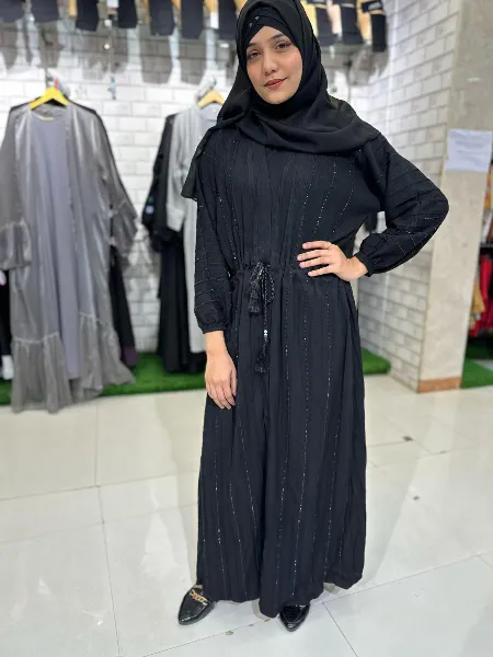 Black Zoya Fabric Burqa With Stone Work Islamic Dress With Matching Dupatta