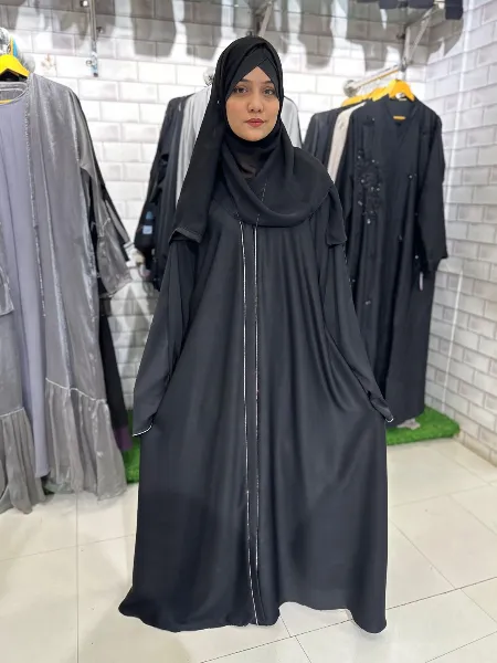 Black Tiktok Fabric Burqa in Umbrella Cut With Sleeve and Chain Diamond