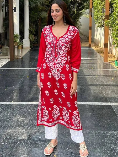 Designer Top With Palazzo Suit in Red Rayon With Cotton Thread Embroidery