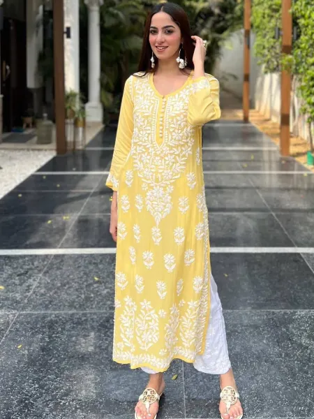 Designer Top With Palazzo Suit in Yellow Rayon With Cotton Thread Embroidery