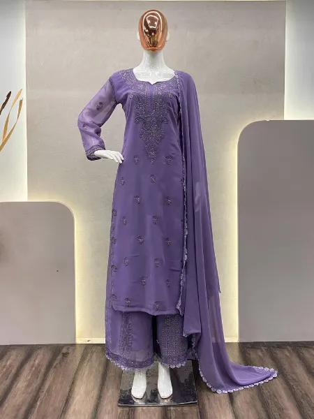 Lavender Color Georgette Salwar Suit With Embroidery Foil Work and Dupatta