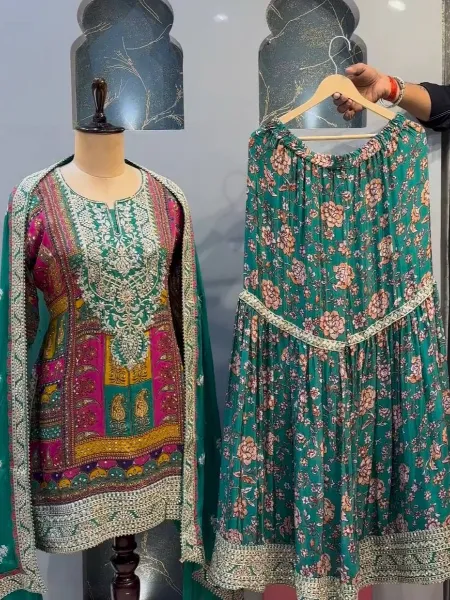 Multi Color Designer Top Sharara Set With Digital Print and Sequins Work