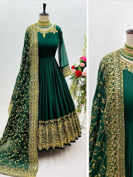 Green Color Georgette Gown With Sequins Royal Look Gown with Dupatta