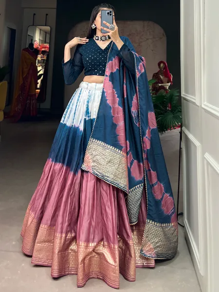 Firozi Color Shibori Print Lehenga Choli in Pure Chanderi With Zari Weaving