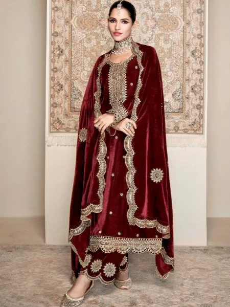 Velvet Salwar Kameez in Maroon With Heavy Embroidery Work Ready to Wear Suit