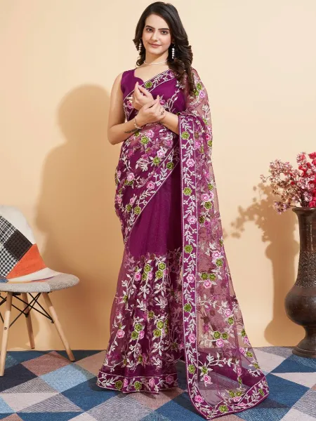 Wine Color Indian Sari in Soft Net With Beautiful Embroidery and Blouse