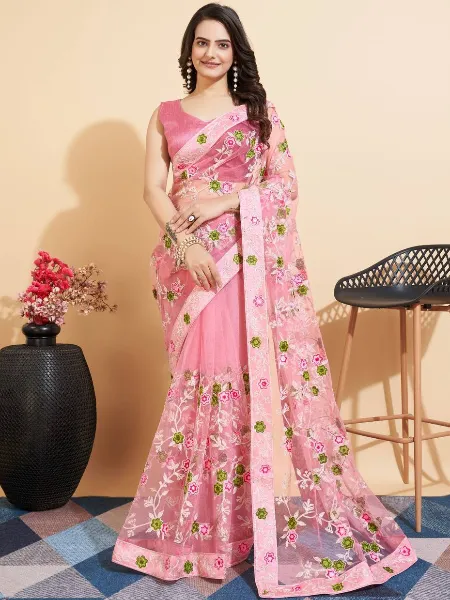 Light Pink Color Indian Sari in Soft Net With Beautiful Embroidery and Blouse