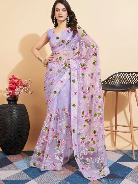 Lavender Color Indian Sari in Soft Net With Beautiful Embroidery and Blouse