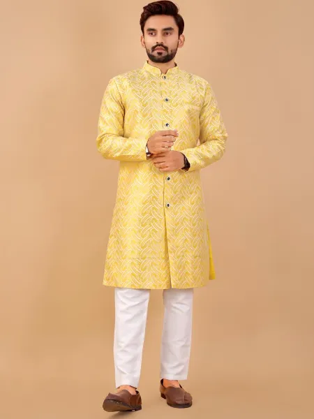 Yellow Men's Indo Western With Beautiful Pattern in Jacquard Men's Wedding Wear