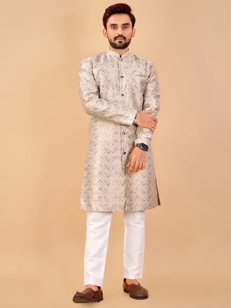 Beige Men's Indo Western With Beautiful Pattern in Jacquard Men's Wedding Wear