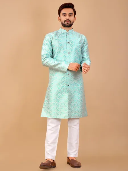 Sky Blue Men's Indo Western With Beautiful Pattern in Jacquard Men's Wedding Wear