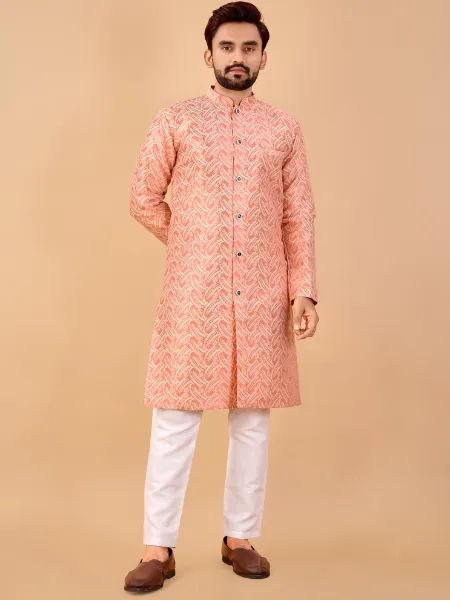 Peach Men's Indo Western With Beautiful Pattern in Jacquard Men's Wedding Wear