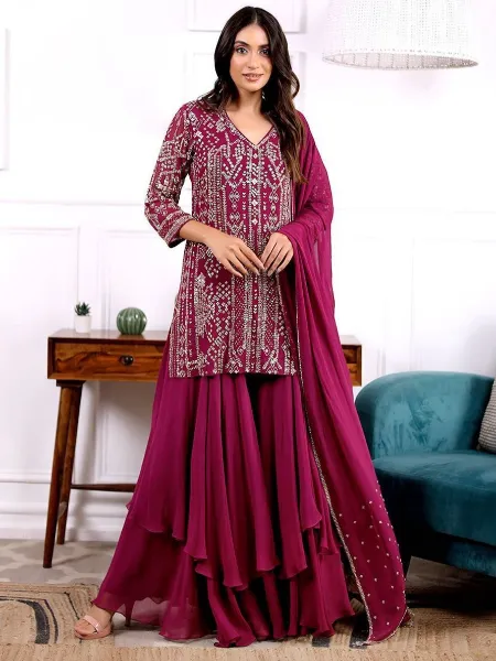Pink Color Top With Fancy Palazzo in Georgette Sequence Work and Dupatta