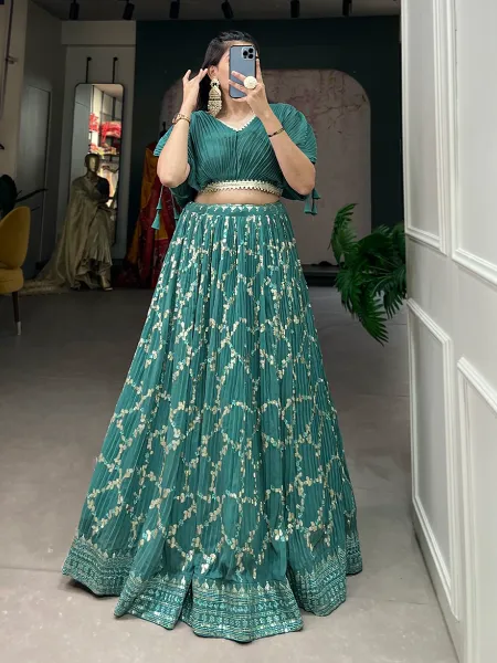 Light Green Color Crushed Georgette Ready to Wear Lehenga Choli With Sequence Embroidery