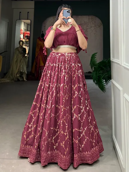 Maroon Color Crushed Georgette Ready to Wear Lehenga Choli With Sequence Embroidery