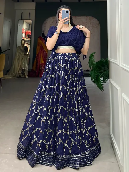 Navy Blue Color Crushed Georgette Ready to Wear Lehenga Choli With Sequence Embroidery