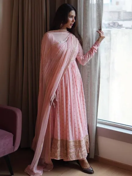 Sonam Bajwa Anarkali Dress in Light Pink Georgette With Sequence Embroidery