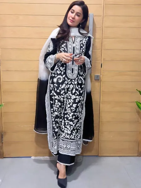 Black Color Designer Party Wear Salwar Kameez Set With White Embroidery Work