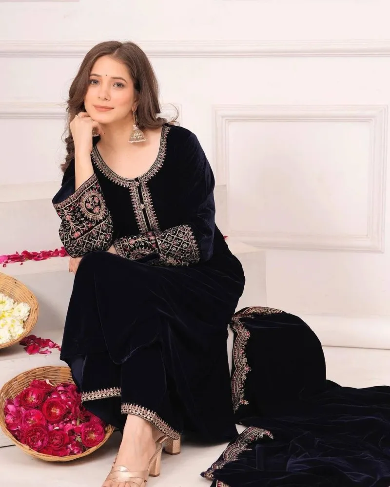 Black Micro Velvet Embroidery Work Pant Suit With Dupatta