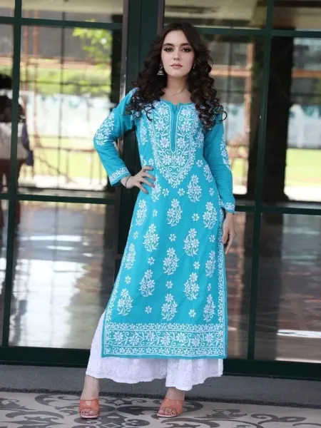 Kurti Pant Set in Sky Blue Color Rayon With Embroidery Work Casual Kurti