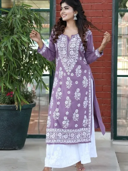 Kurti Pant Set in Lavender Color Rayon With Embroidery Work Casual Kurti