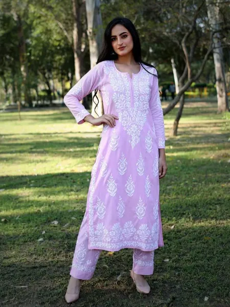 Kurti Pant Set in Light Pink Color Rayon With Embroidery Work