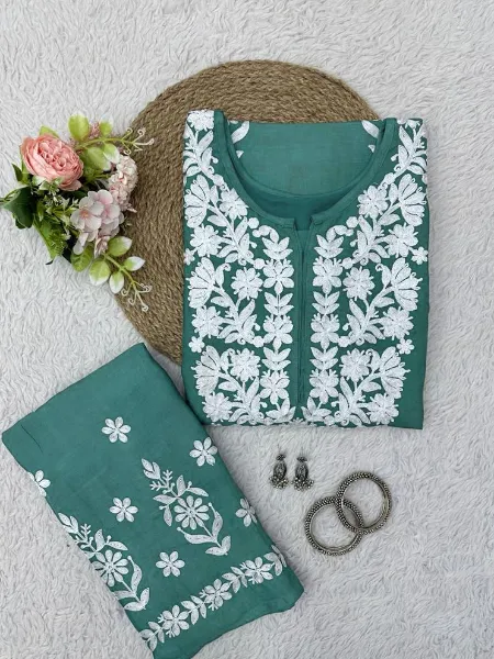 Kurti Pant Set in Dark Green Color Rayon With Embroidery Work
