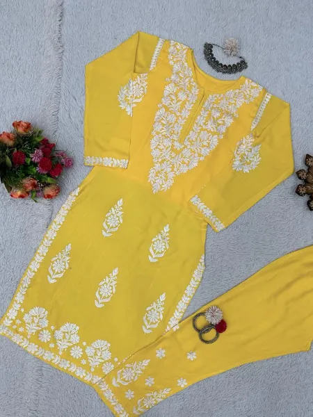 Kurti Pant Set in Yellow Color Rayon With Embroidery Work