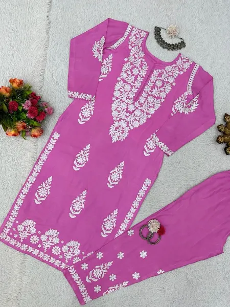 Kurti Pant Set in Onion Color Rayon With Embroidery Work