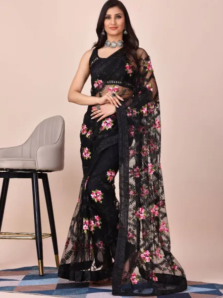 Indian Sari in Black Color Soft Net With Beautiful Embroidery and Blouse