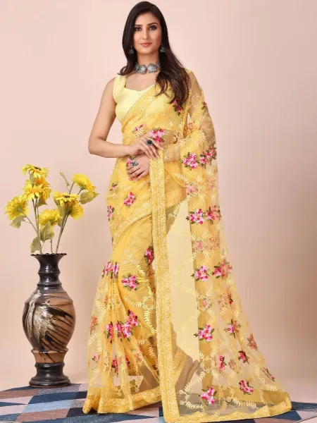 Indian Sari in Yellow Color Soft Net With Beautiful Embroidery and Blouse