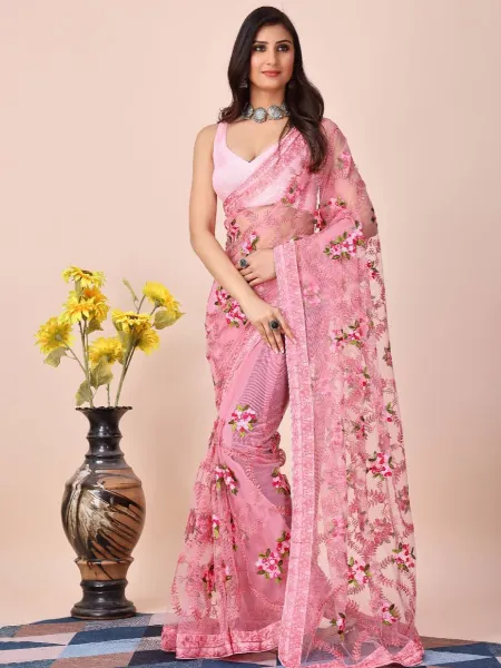 Indian Sari in Light Pink Color Soft Net With Beautiful Embroidery and Blouse