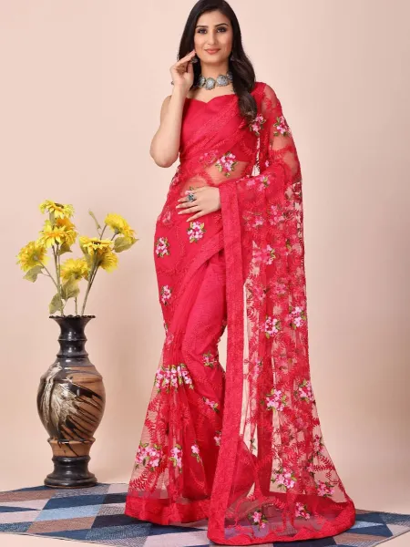 Indian Sari in Red Color Soft Net With Beautiful Embroidery and Blouse
