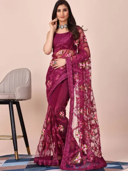 Indian Sari in Wine Color Soft Net With Beautiful Embroidery and Blouse