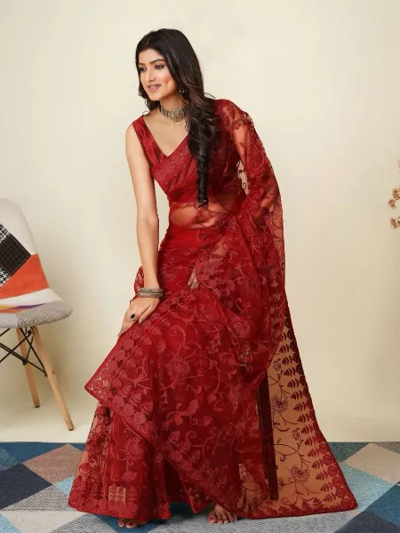 Red Color Soft Net Saree With Beautiful Embroidery and Blouse Indian Saree