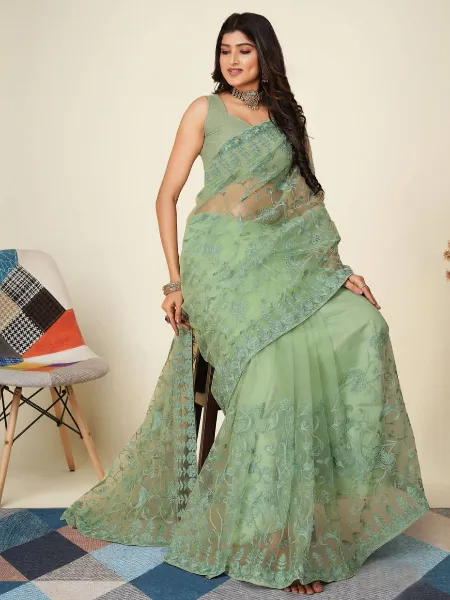 Pista Color Soft Net Saree With Beautiful Embroidery and Blouse Indian Saree