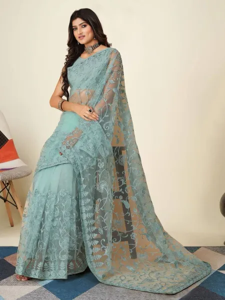 Grey Color Soft Net Saree With Beautiful Embroidery and Blouse Indian Saree