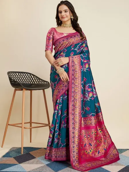 Pure Kanjivaram Silk Saree in Peacock With Beautiful Weaving and Blouse