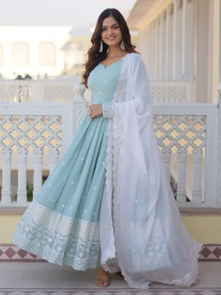 Designer Gown in Sky Blue Georgette With Sequins Embroidery and Dupatta